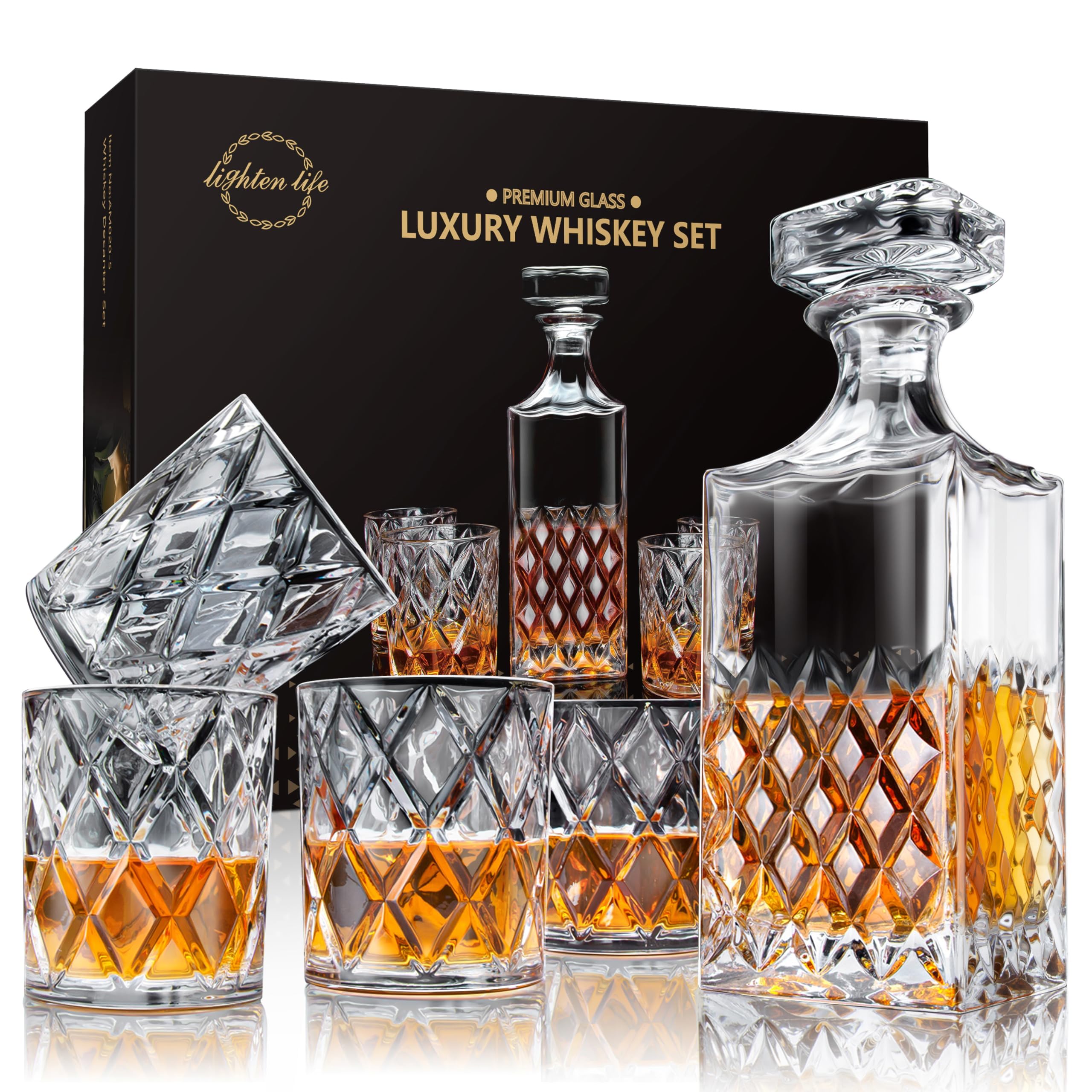 LIGHTEN LIFE front view of decanter and four glasses, stylish display benefit