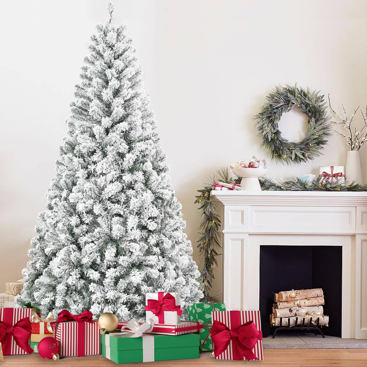 liguanow front view of 4ft flocked tree showing snowy appearance and compact size