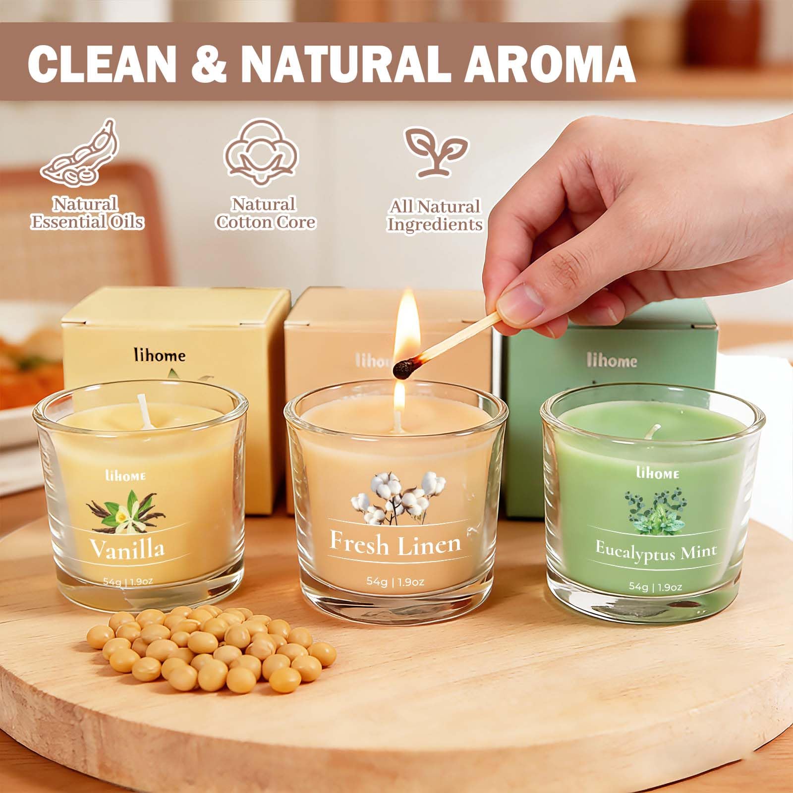 Lihome candle jar close-up highlighting glass finish and scent clarity