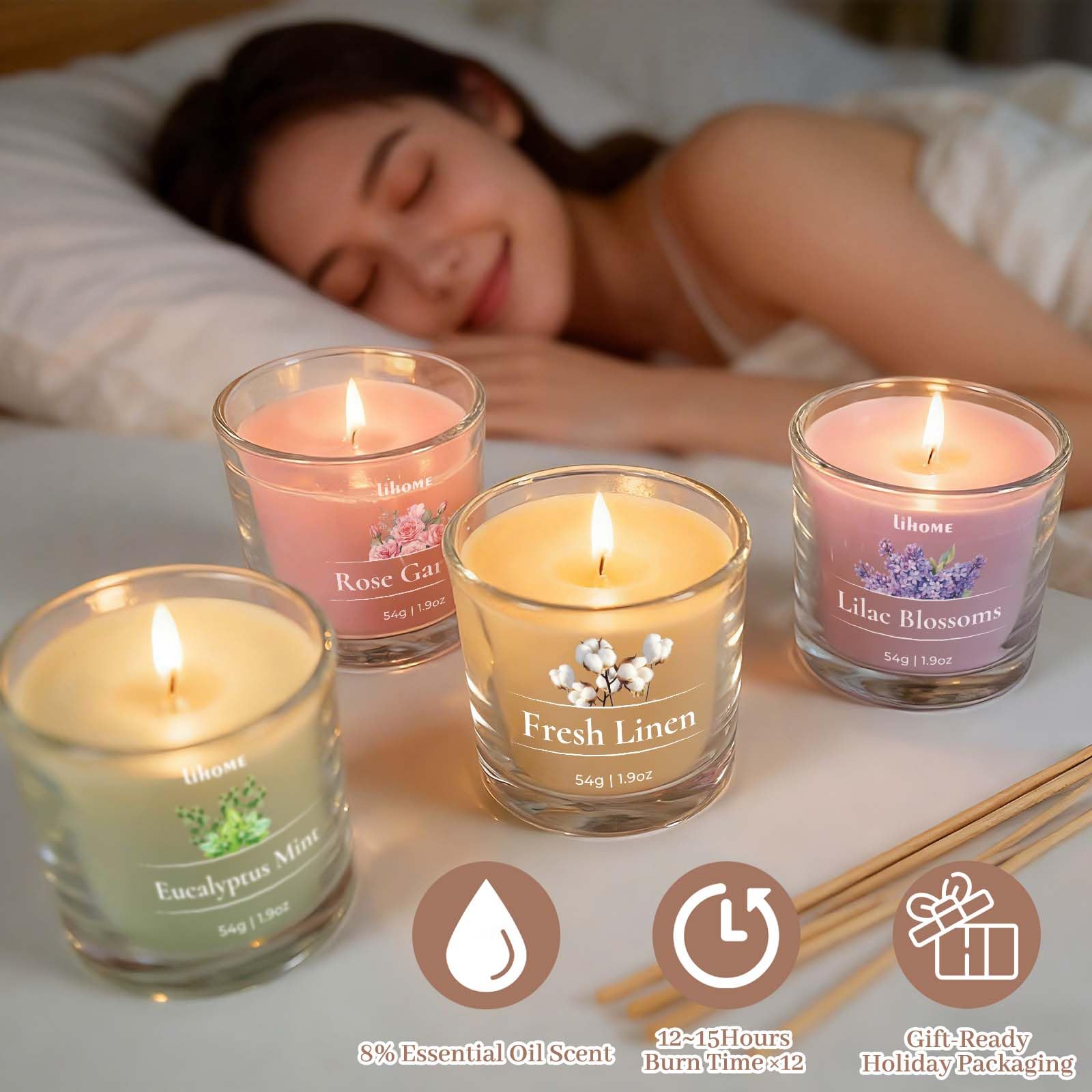 Lihome candles arranged on bath ledge suggesting calming aromatherapy benefits