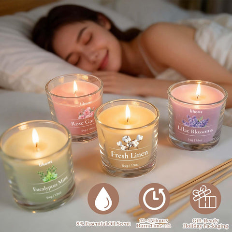Lihome candles arranged on bath ledge suggesting calming aromatherapy benefits