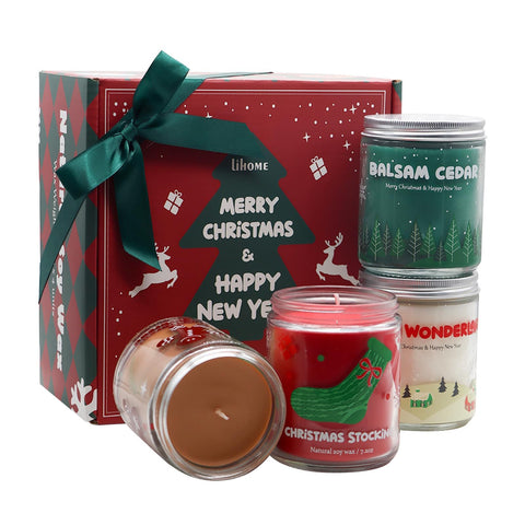 Lihome candles front box showing four holiday scents and ready-to-gift appeal