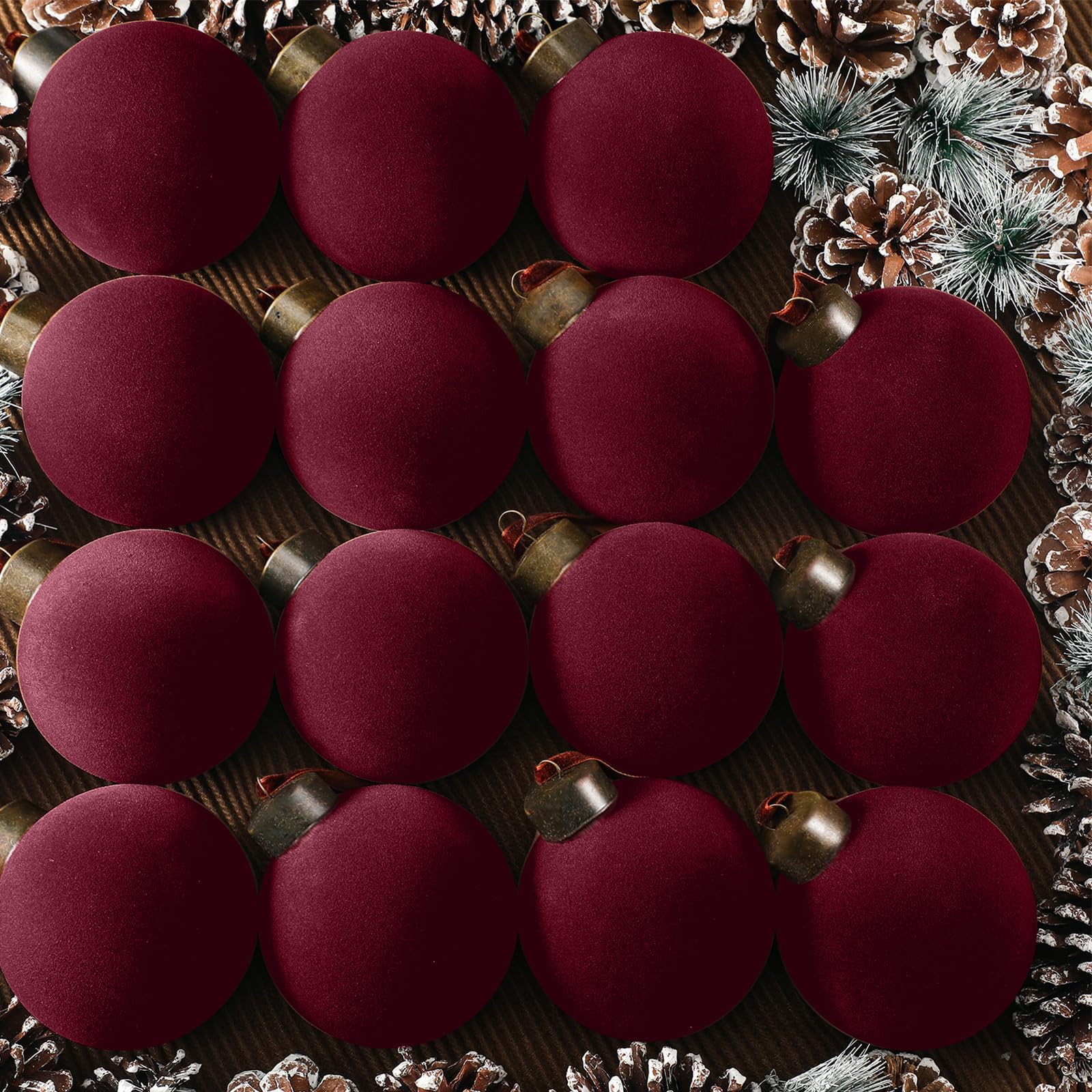Liliful burgundy front packaging showing 15 plush-looking ornaments for cohesive decorating