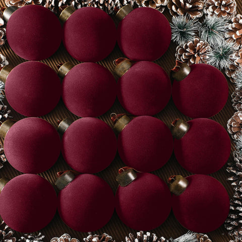 Liliful burgundy front packaging showing 15 plush-looking ornaments for cohesive decorating