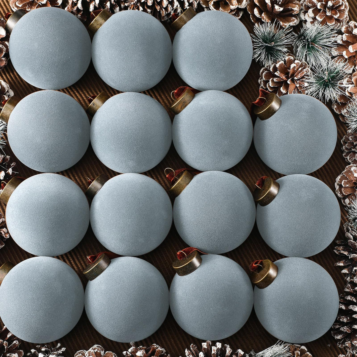 Liliful front view of dusty blue ornaments showing set and color benefit