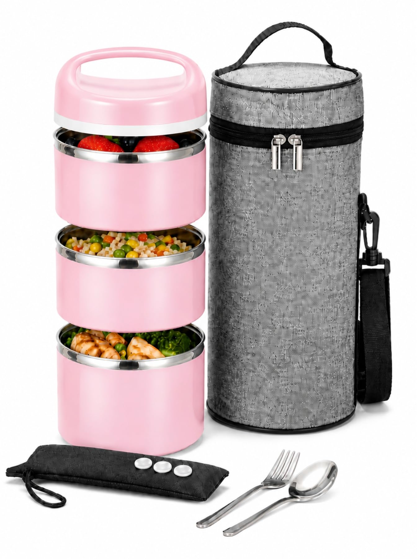 Lille Home front packaging showing three-tier lunch box and included bag, easy portability