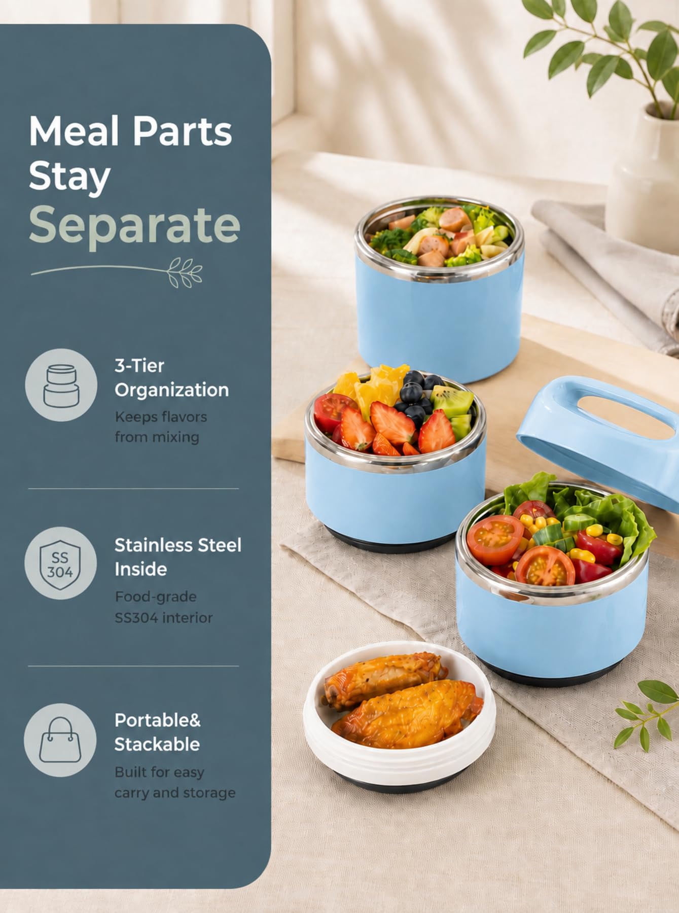 Lille Home open view of all three stackable tiers for meal organization