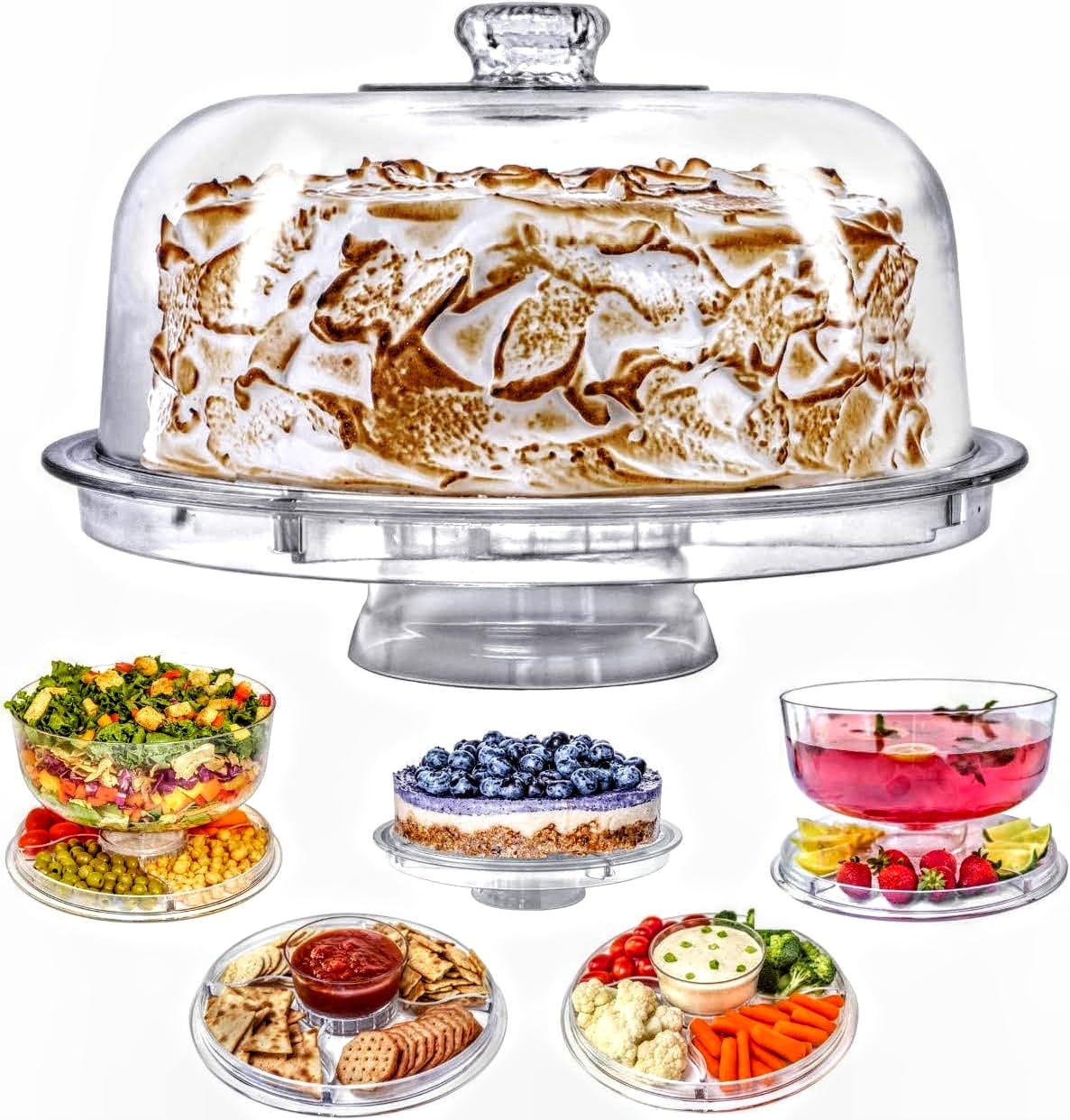 Lillian Tablesettings front view shows clear cake stand and dome for elegant presentation