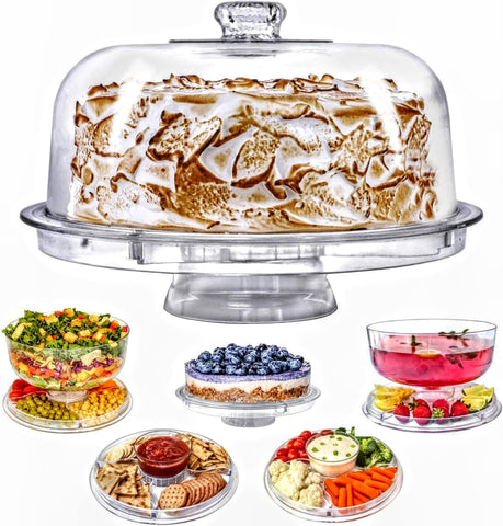 Lillian Tablesettings front view shows clear cake stand and dome for elegant presentation