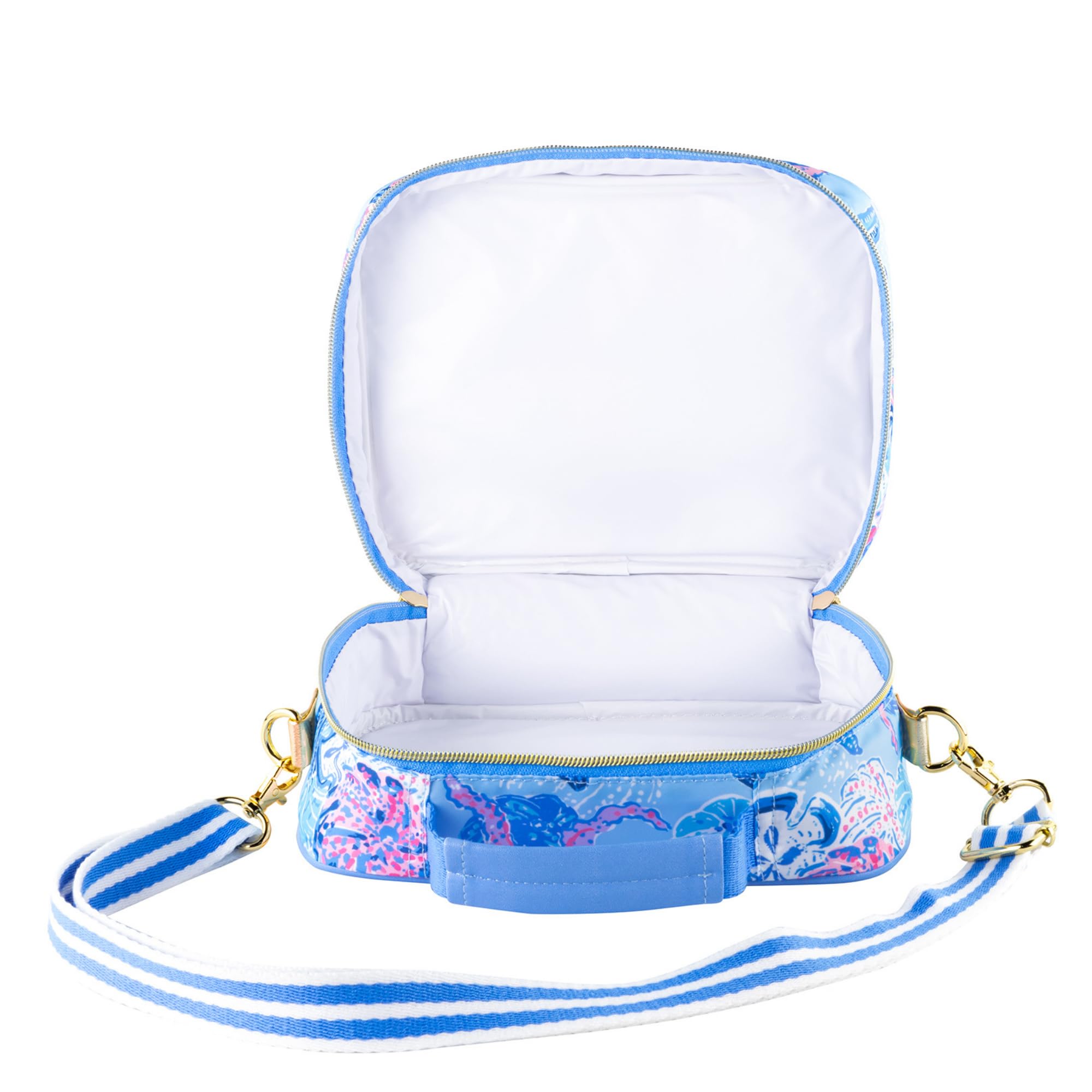 Lilly Pulitzer folded for storage showing compactness and convenient stowaway benefit