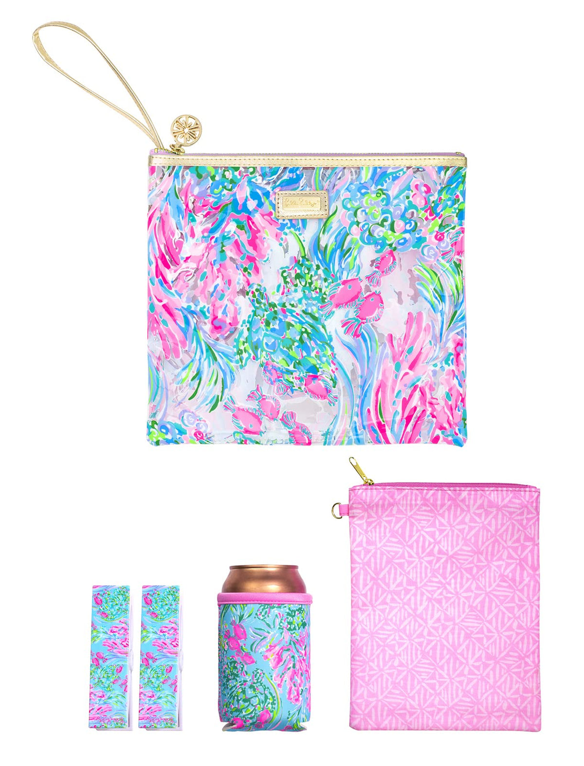 Lilly Pulitzer front view of pouch set showing organized beach essentials benefit
