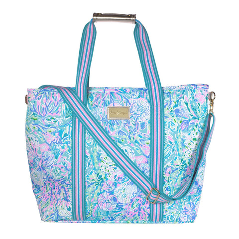 Lilly Pulitzer front view of cooler tote showing print and capacity benefit
