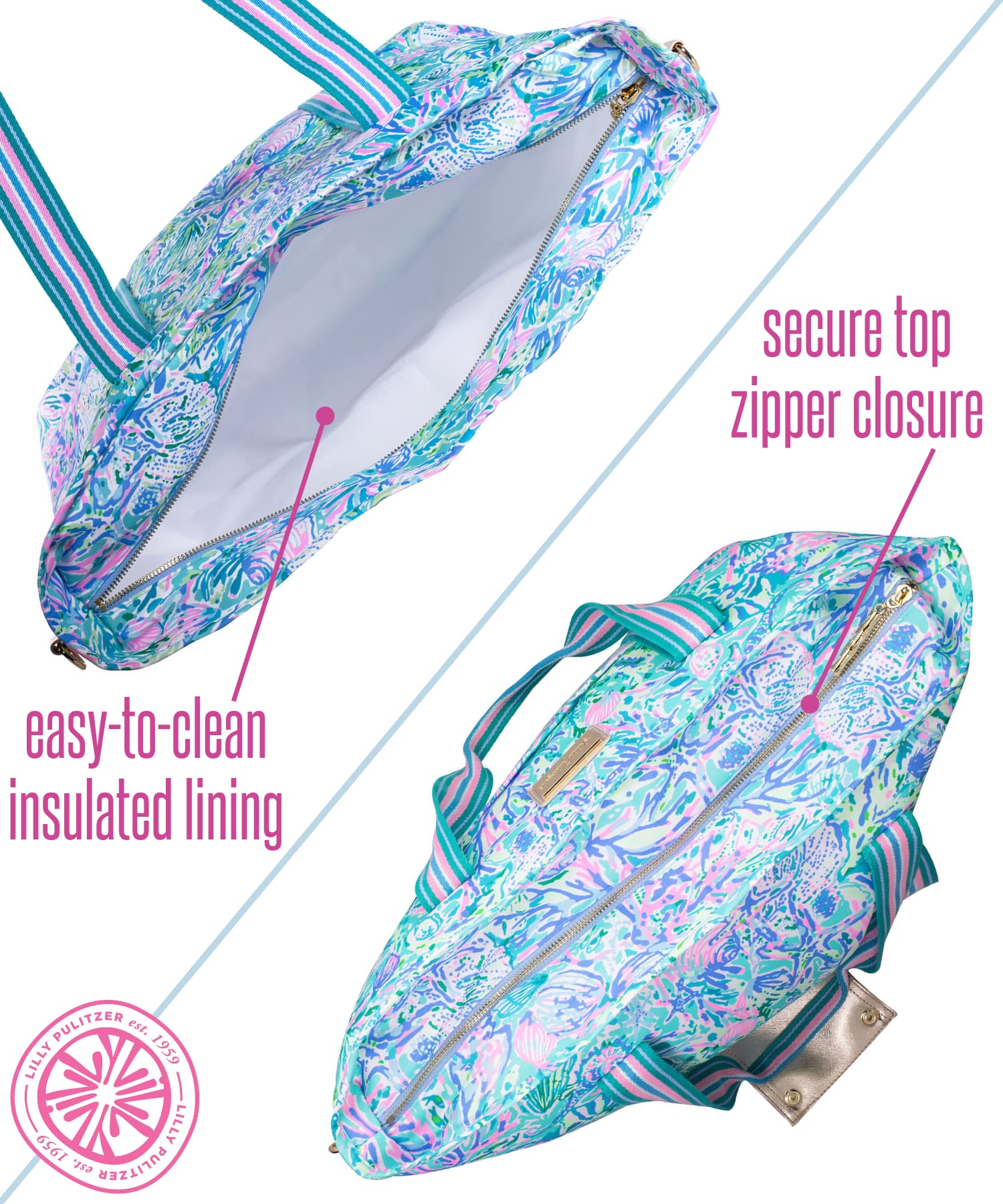 Lilly Pulitzer insulated interior close-up showing wipe-clean thermal lining