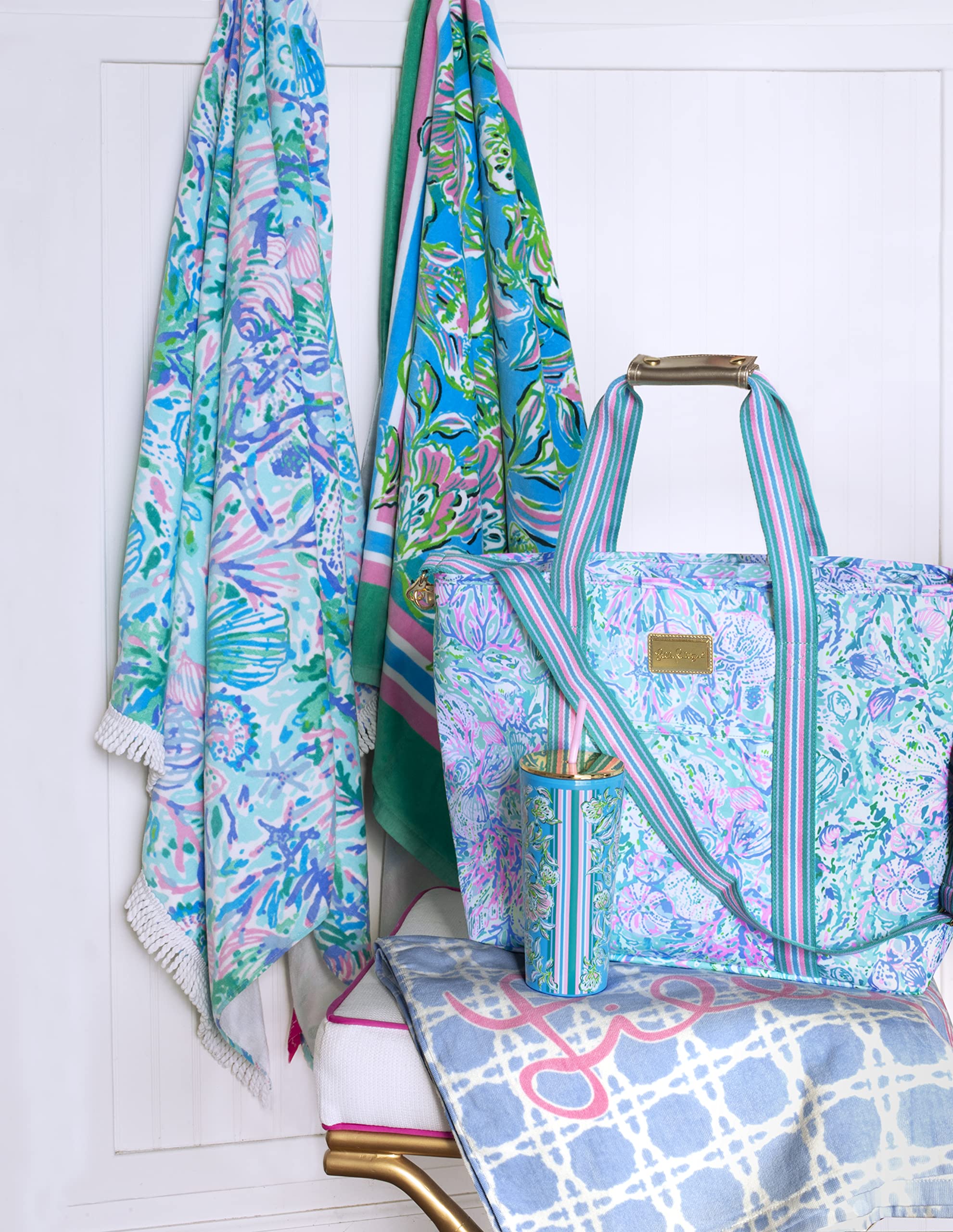 Lilly Pulitzer cooler tote on beach scene showing stylish picnic convenience