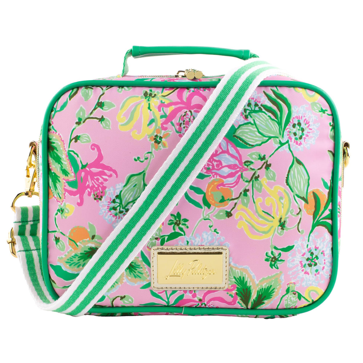 Lilly Pulitzer front view showing colorful Via Amore Spritzer print and zippered closure, stylish carry