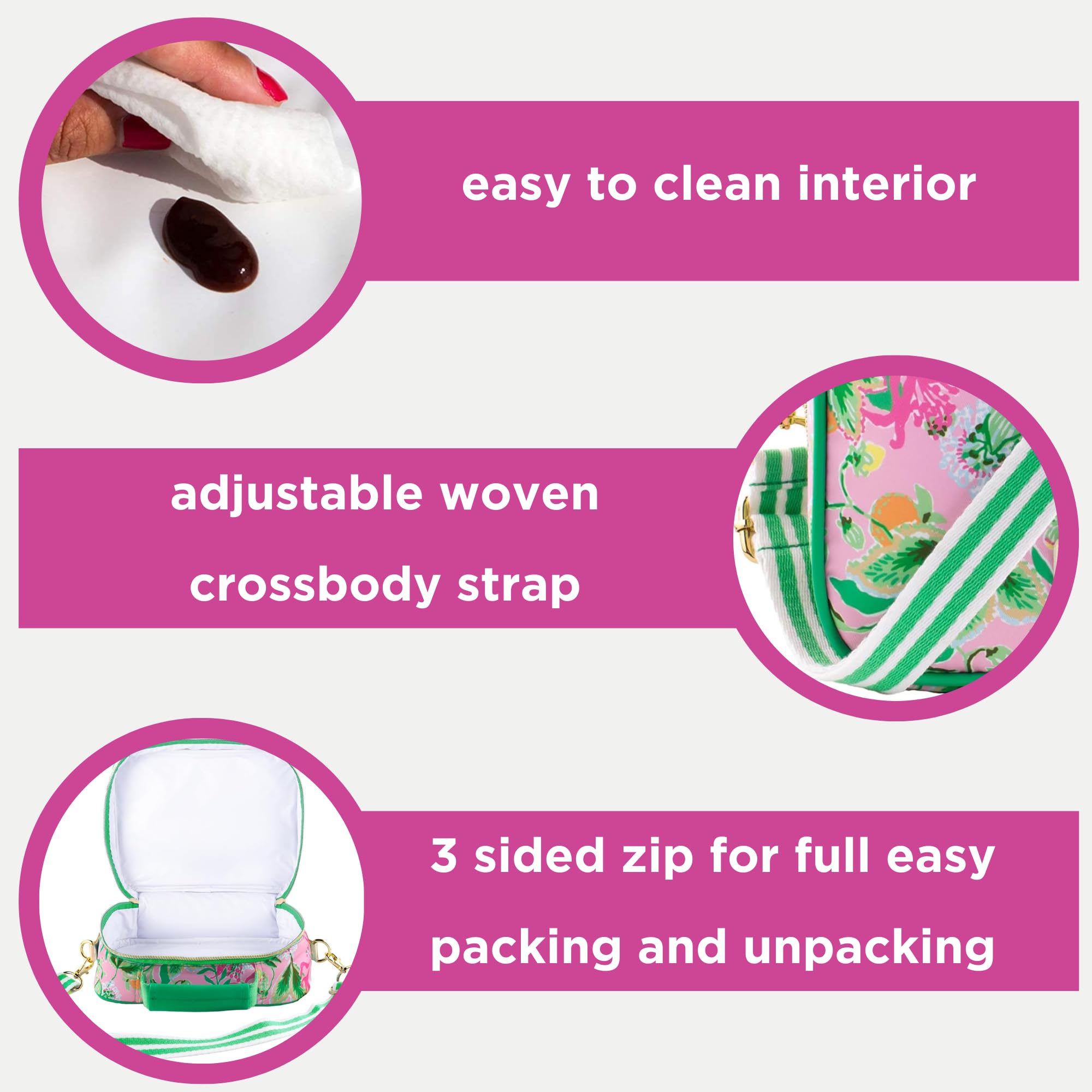 Lilly Pulitzer interior detail showing insulated lining and wipe-clean surface for freshness