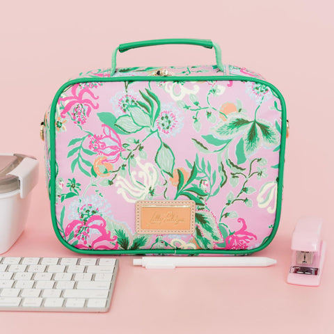 Lilly Pulitzer attached to stroller side showing convenient hands-free carry