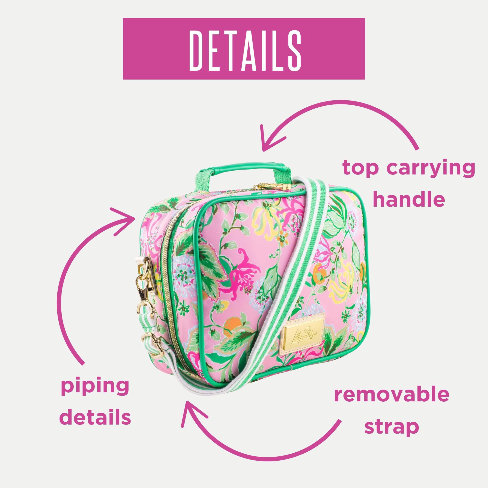 Lilly Pulitzer zipper close-up demonstrating durable hardware and secure seal benefit