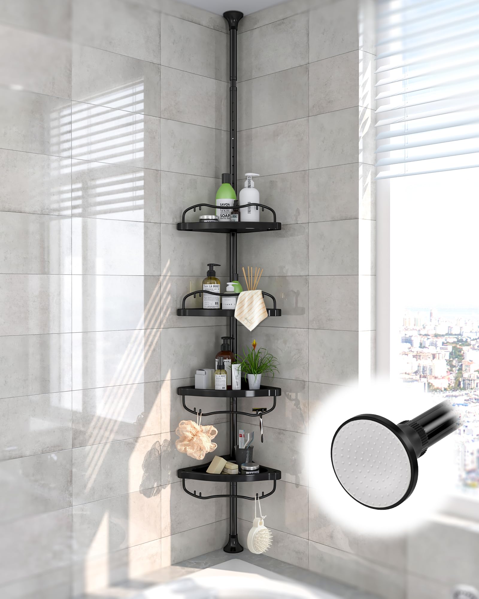 Lilyvane front view showing corner caddy installed — maximizes shower storage