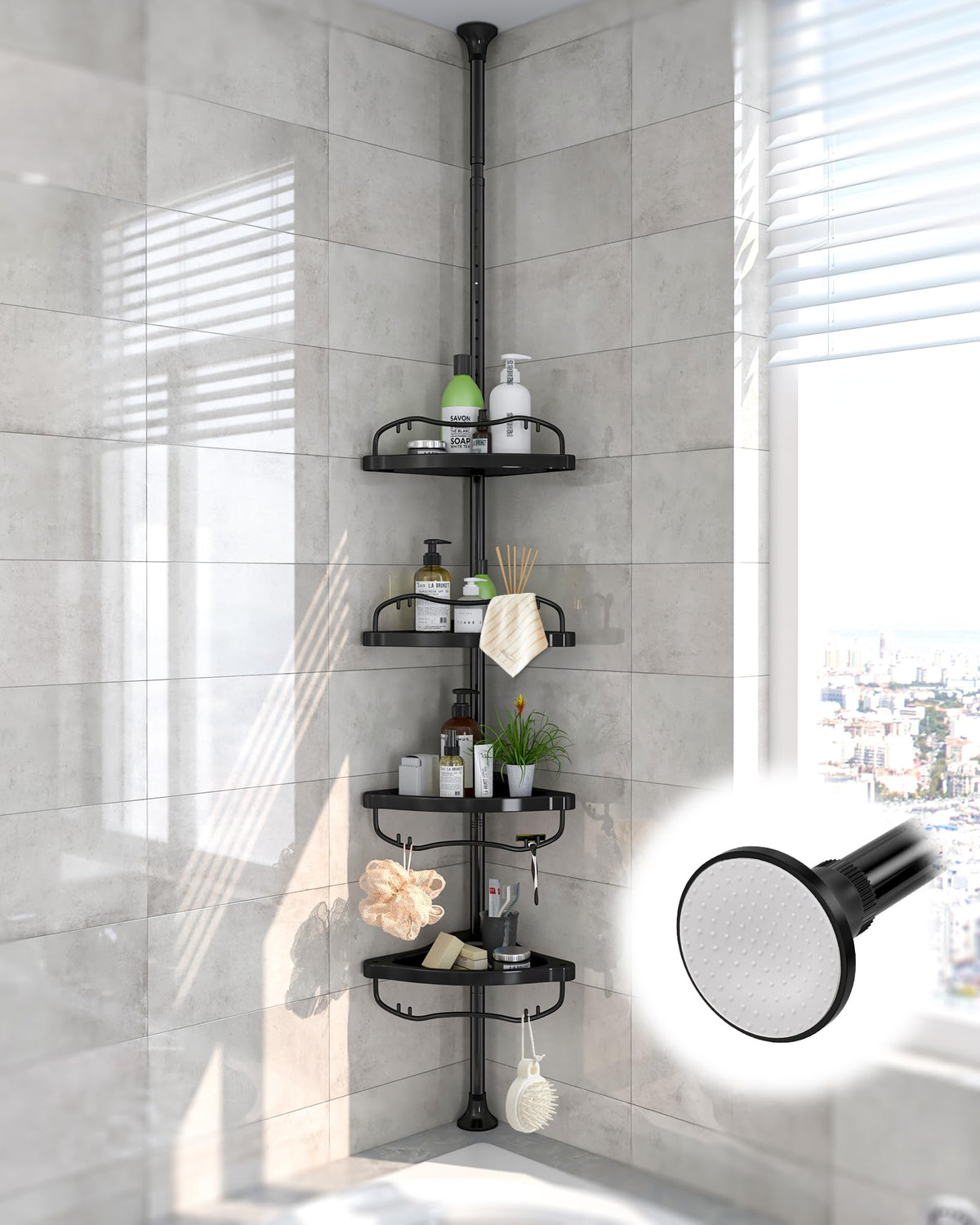 Lilyvane front view showing corner caddy installed — maximizes shower storage
