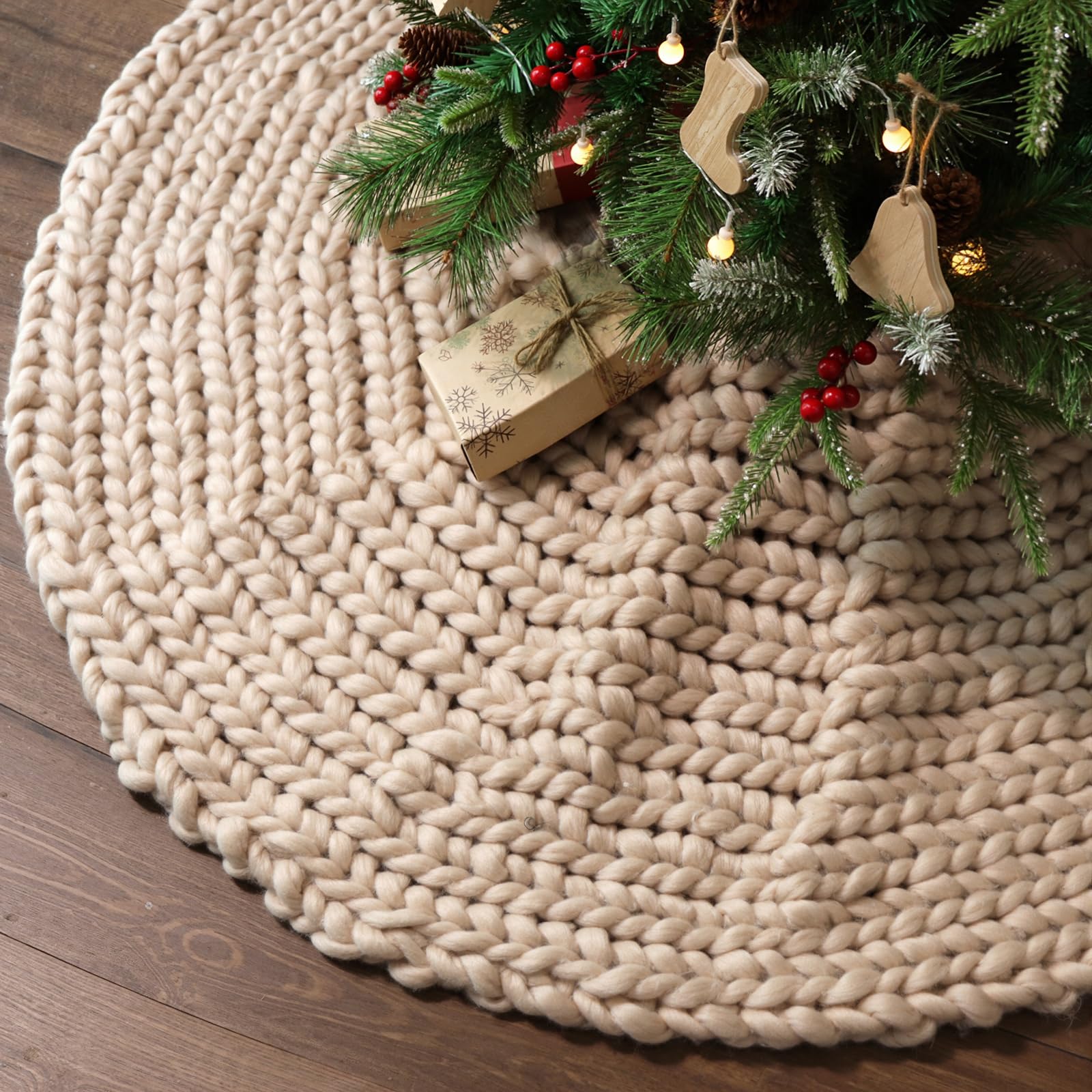 LimBridge front view of 48 inch knit tree skirt showcasing coverage and style