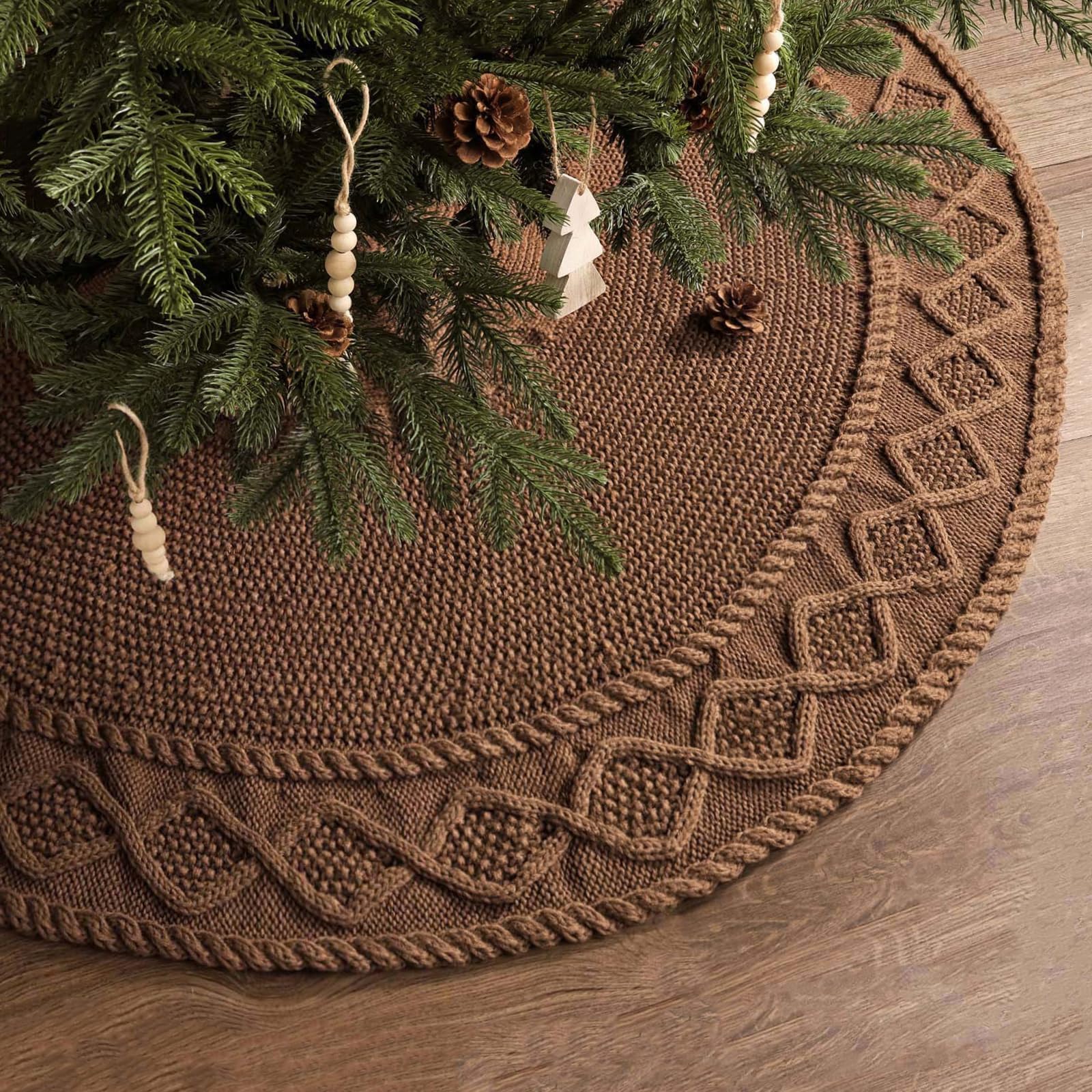 LimBridge front view of tan 36 inch tree skirt hides stand and adds rustic charm