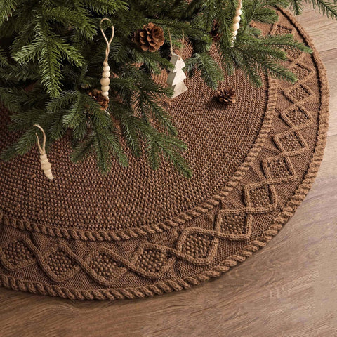 LimBridge front view of tan 36 inch tree skirt hides stand and adds rustic charm