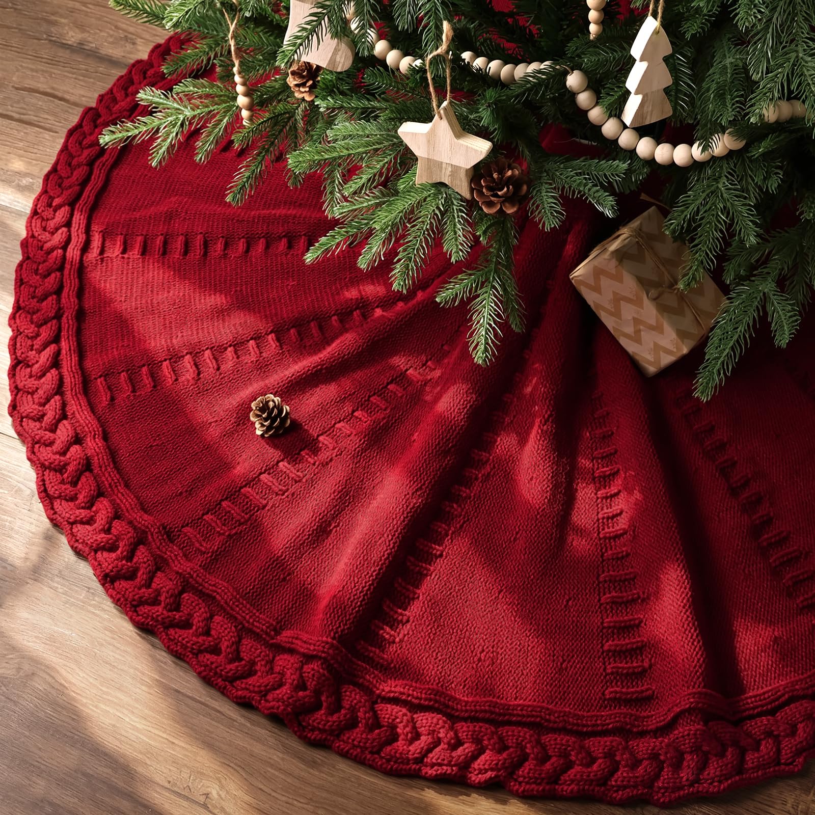 LimBridge front view wine red tree skirt shows full coverage and festive look