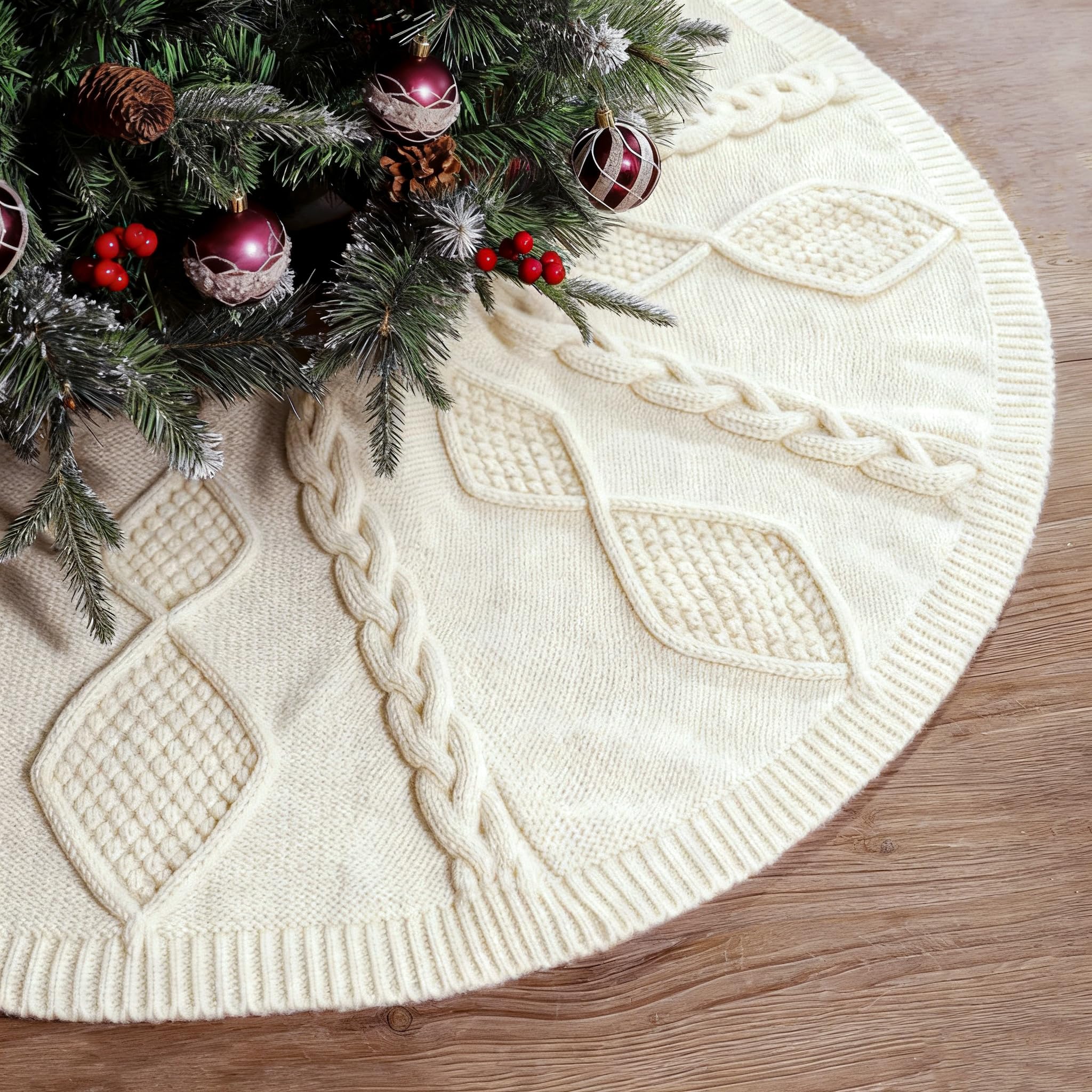 LimBridge front view of 48-inch cream tree skirt showing full coverage benefit