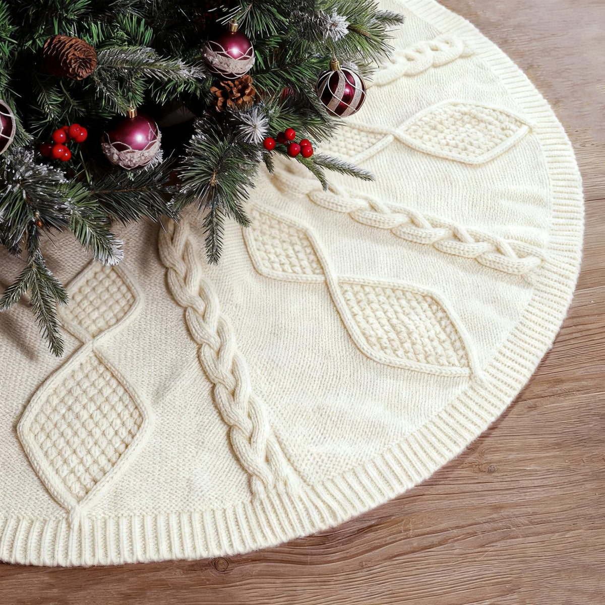 LimBridge front view of 48-inch cream tree skirt showing full coverage benefit