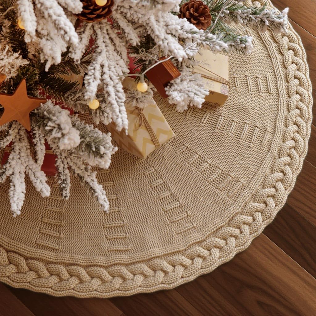 LimBridge front view of beige 36-inch tree skirt showing cozy farmhouse look and coverage
