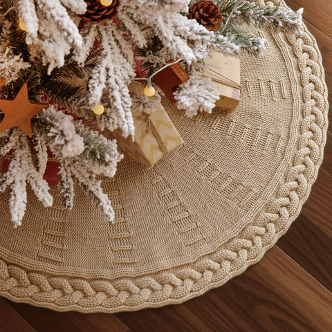 LimBridge front view of beige 36-inch tree skirt showing cozy farmhouse look and coverage