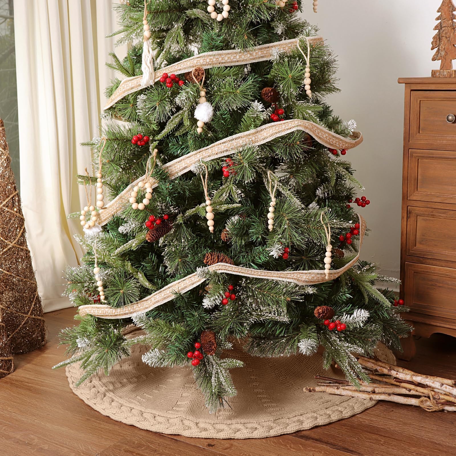 LimBridge tree skirt in living room under decorated tree creating warm holiday ambiance