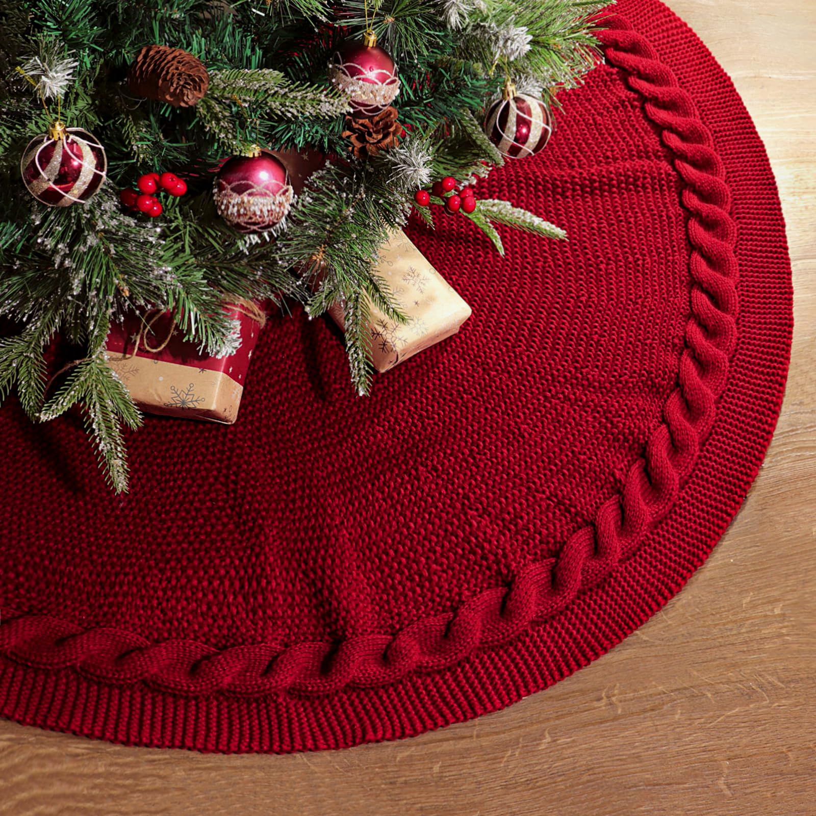 LimBridge front view wine red tree skirt showing full coverage and visual warmth