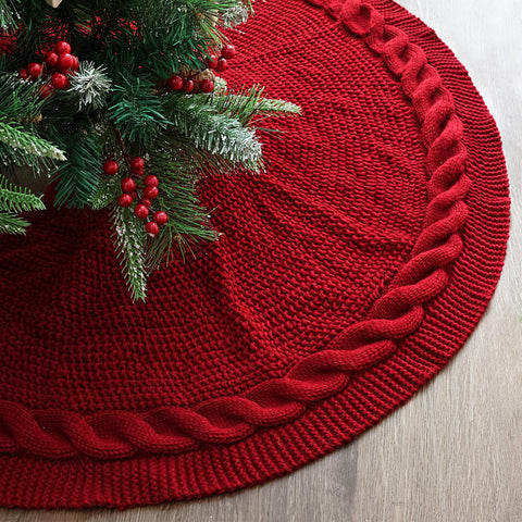 LimBridge front view of wine red tree skirt showing full circular shape and cozy look