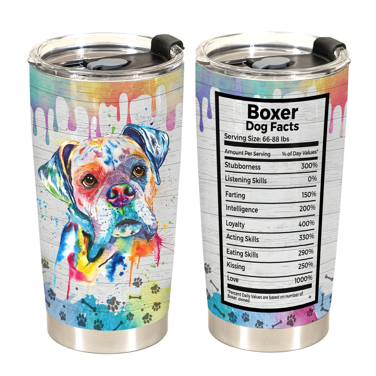 Limima tumbler front view showing boxer graphic and 20oz capacity benefit