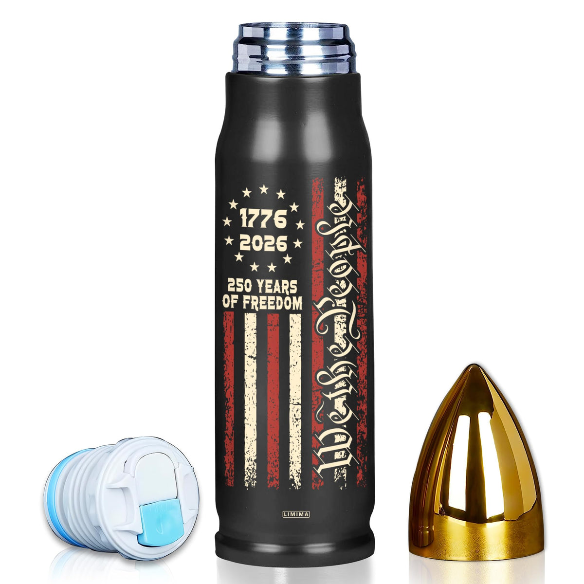Limima front view of flag tumbler showing patriotic design and durable finish