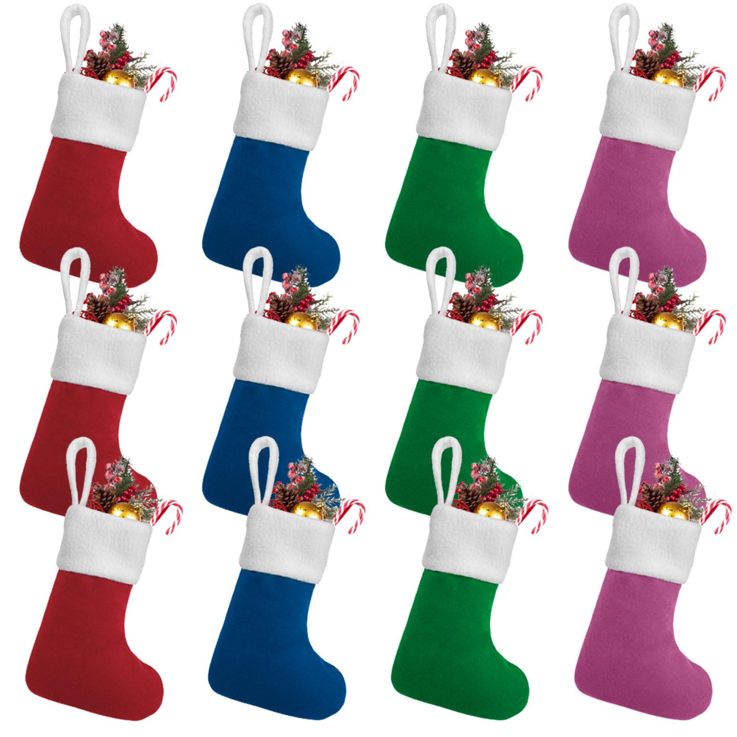 LinaGarten front view of 12-pack mini stockings showing set and colors, ready to decorate