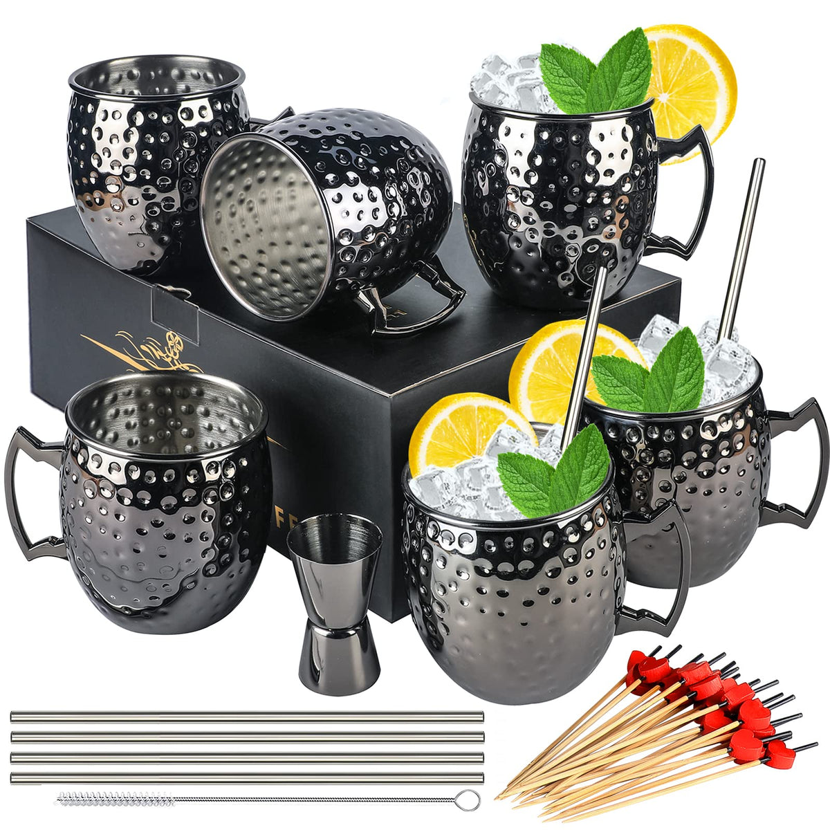 LINALL front view of six gunmetal Moscow Mule mugs showcasing modern finish and style