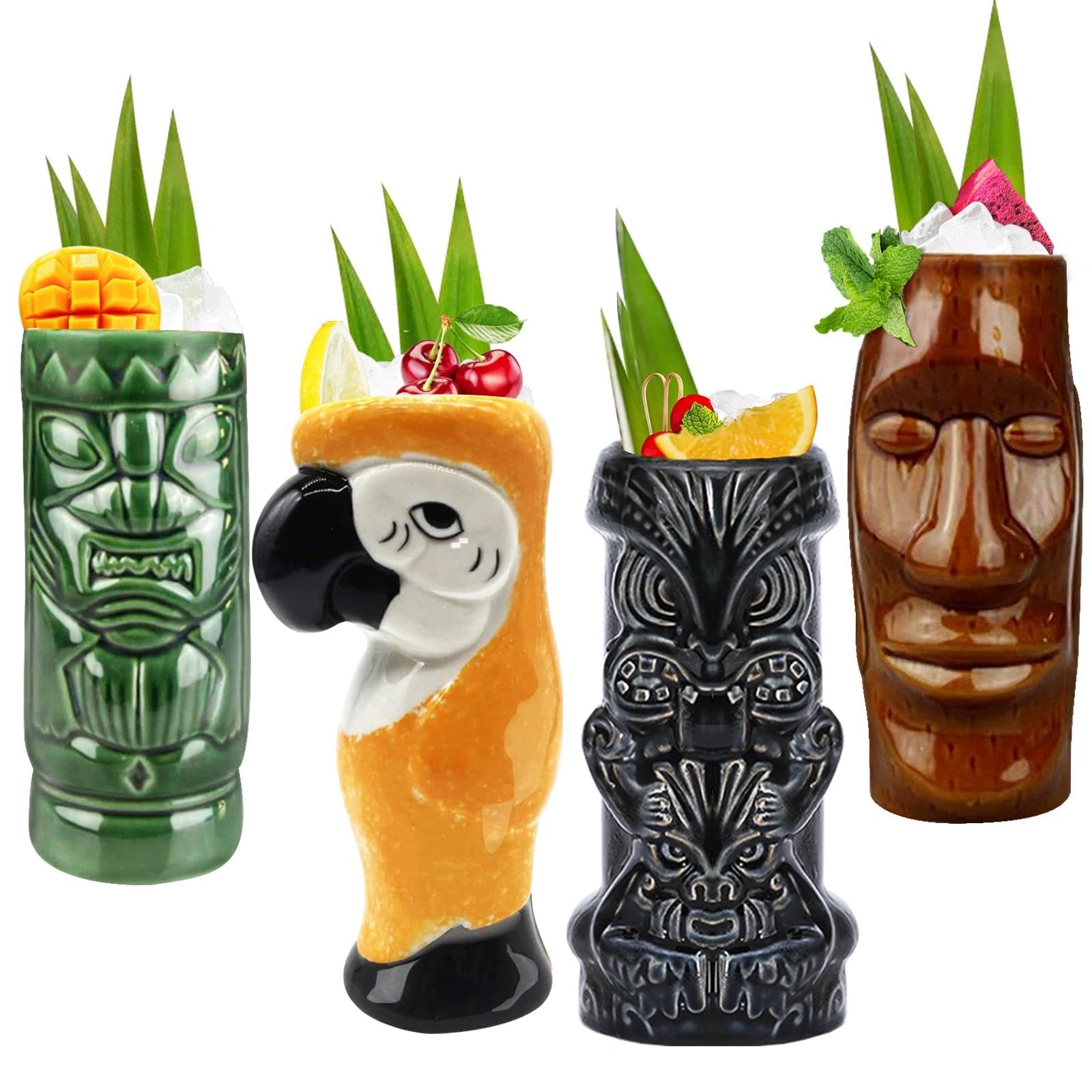 LINALL front view of four tiki mugs showing colorful designs and gift appeal