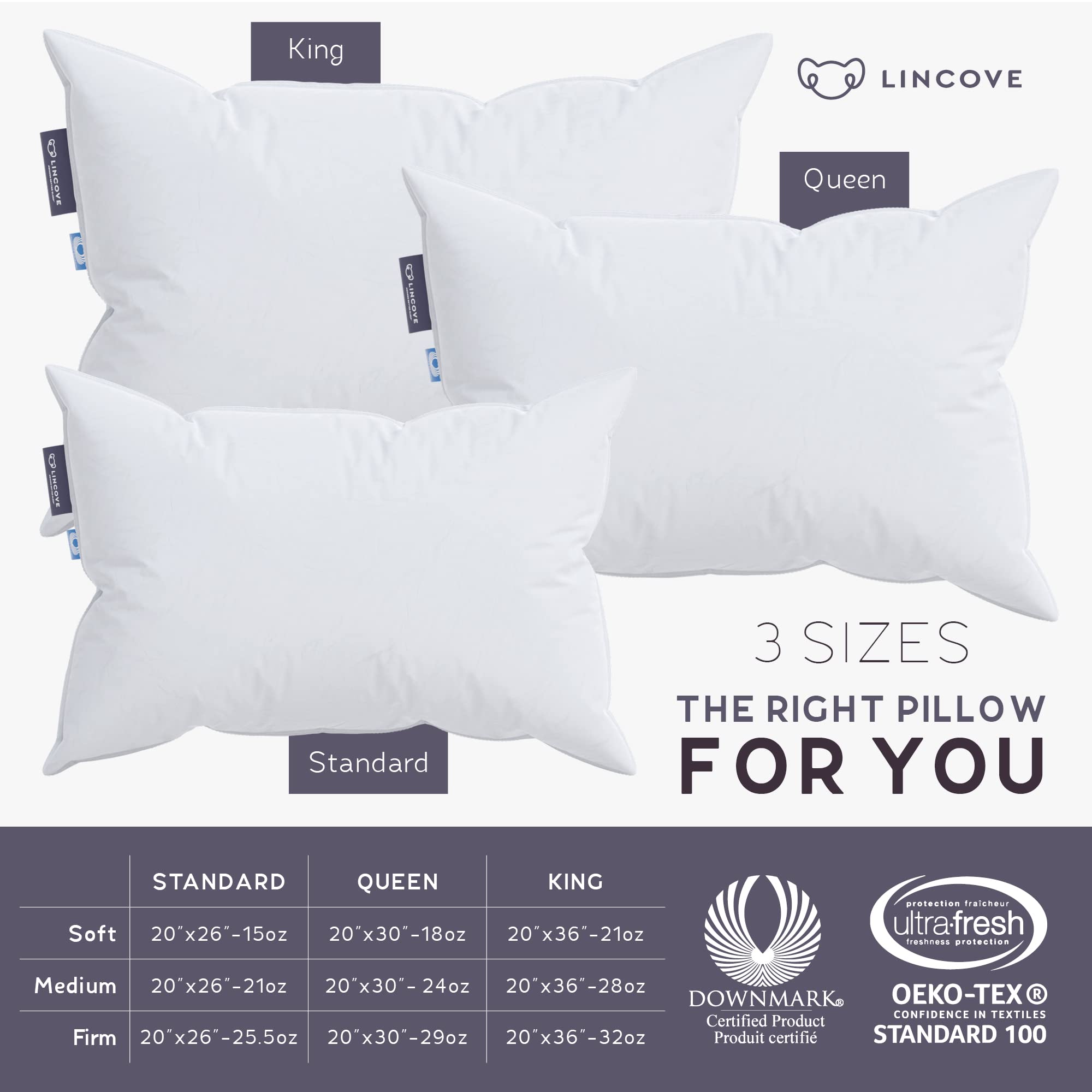 Lincove queen pillow beside ruler for size comparison and accurate fit on beds