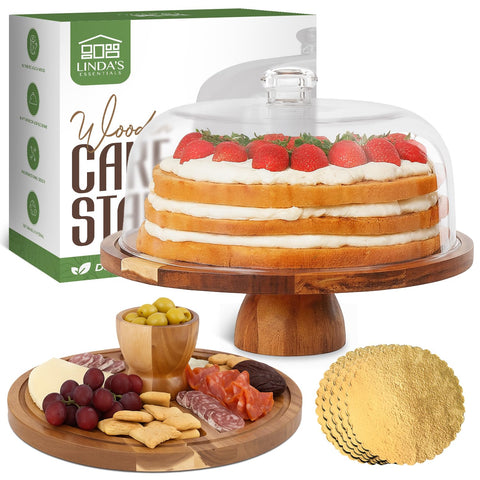 Linda’s Essentials front view with cake on stand showcasing elegant display