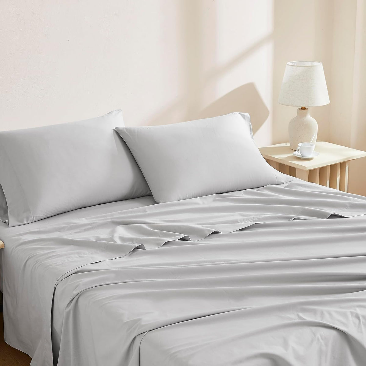 Linen Closet full sheet set front view showing light grey color and neat fold benefit: easy styling