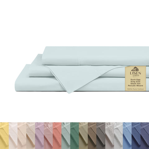 Linen Home front view of blue duck egg sheet set showing neat packaging and color