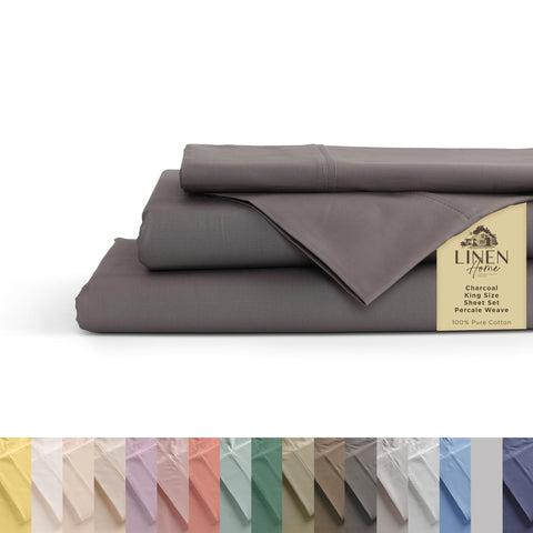 Linen Home front view on bed showing charcoal set and neat hotel-style look