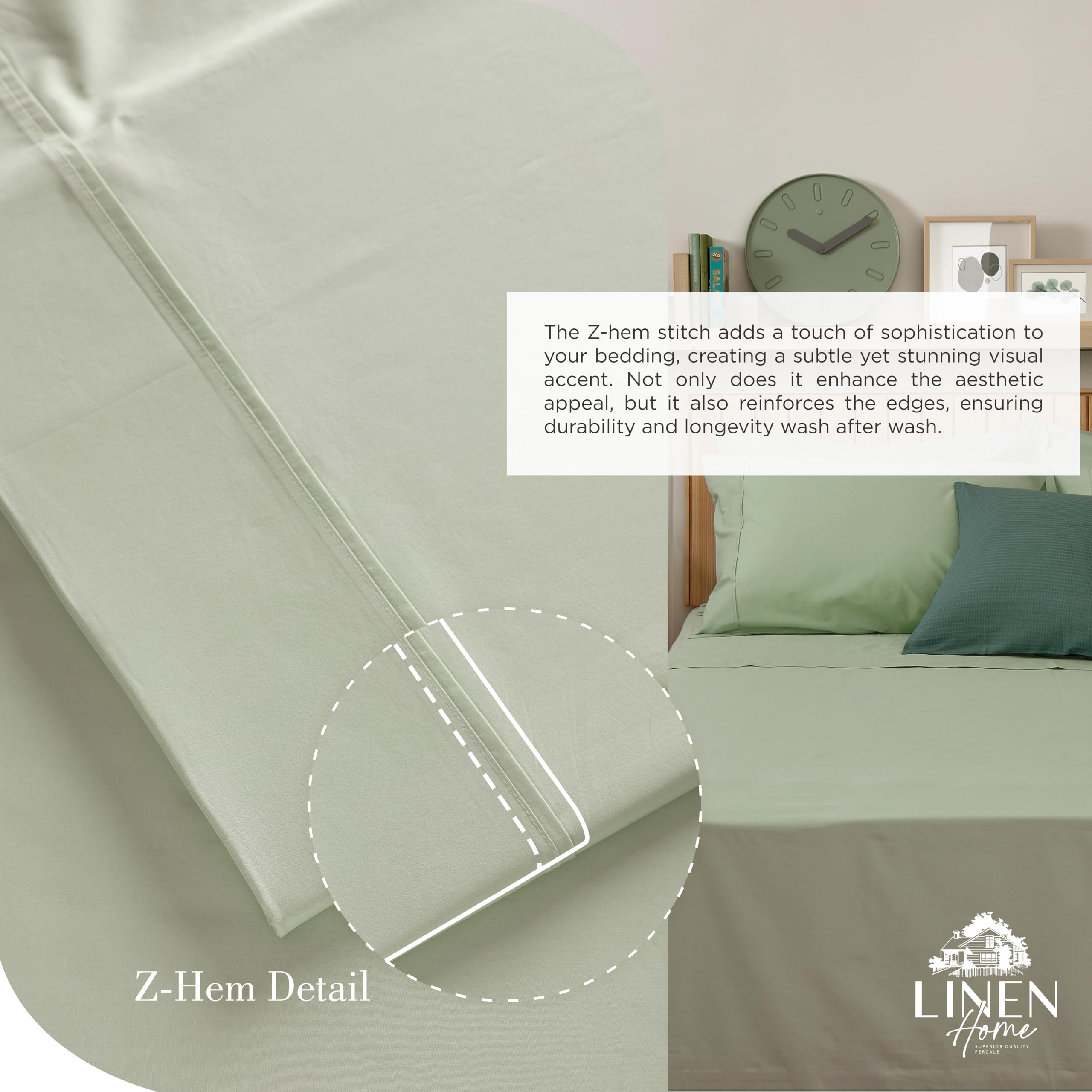 Linen Home flat sheet z-hem stitching close-up for refined edge and durability