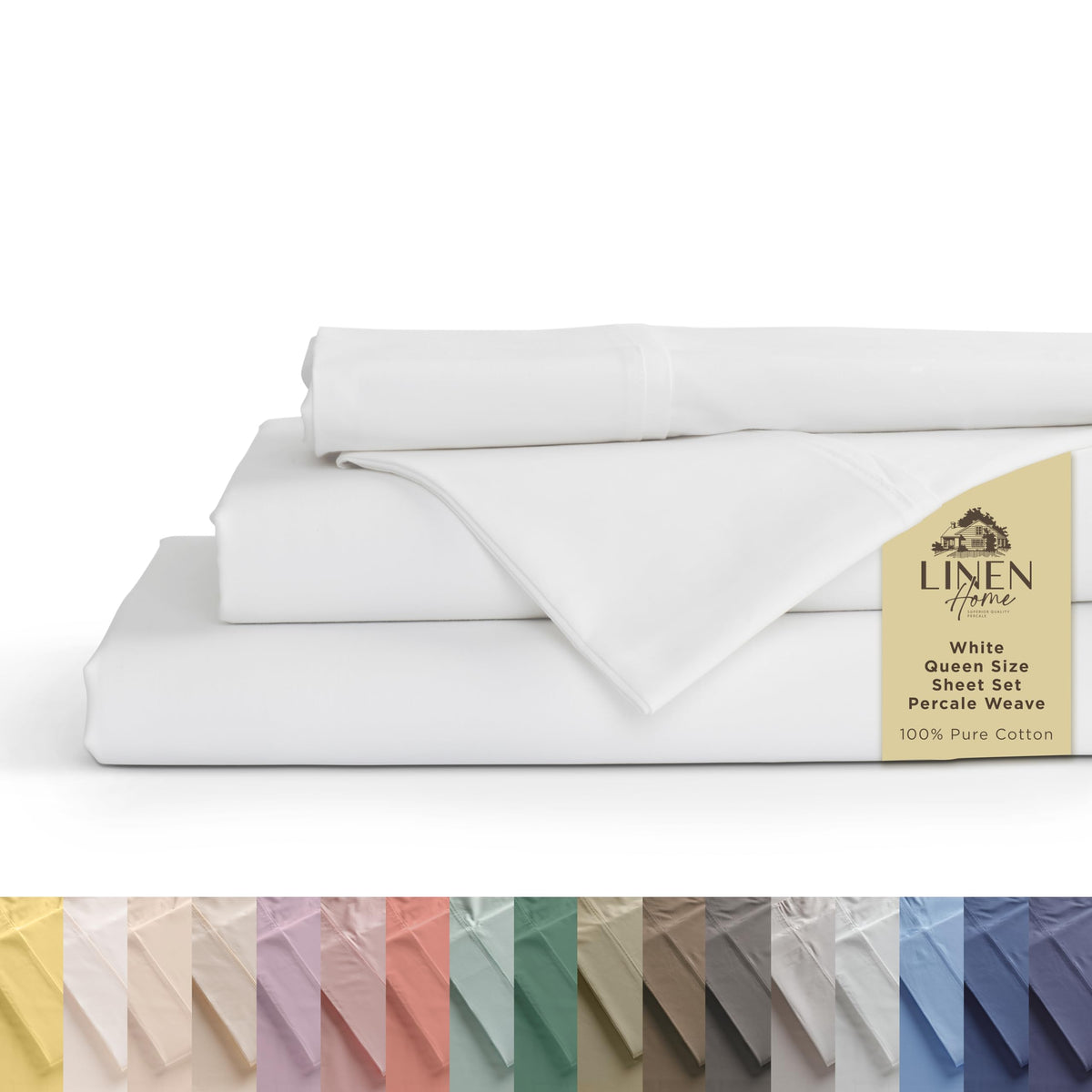 Linen Home front packaging showing set and benefits of crisp percale