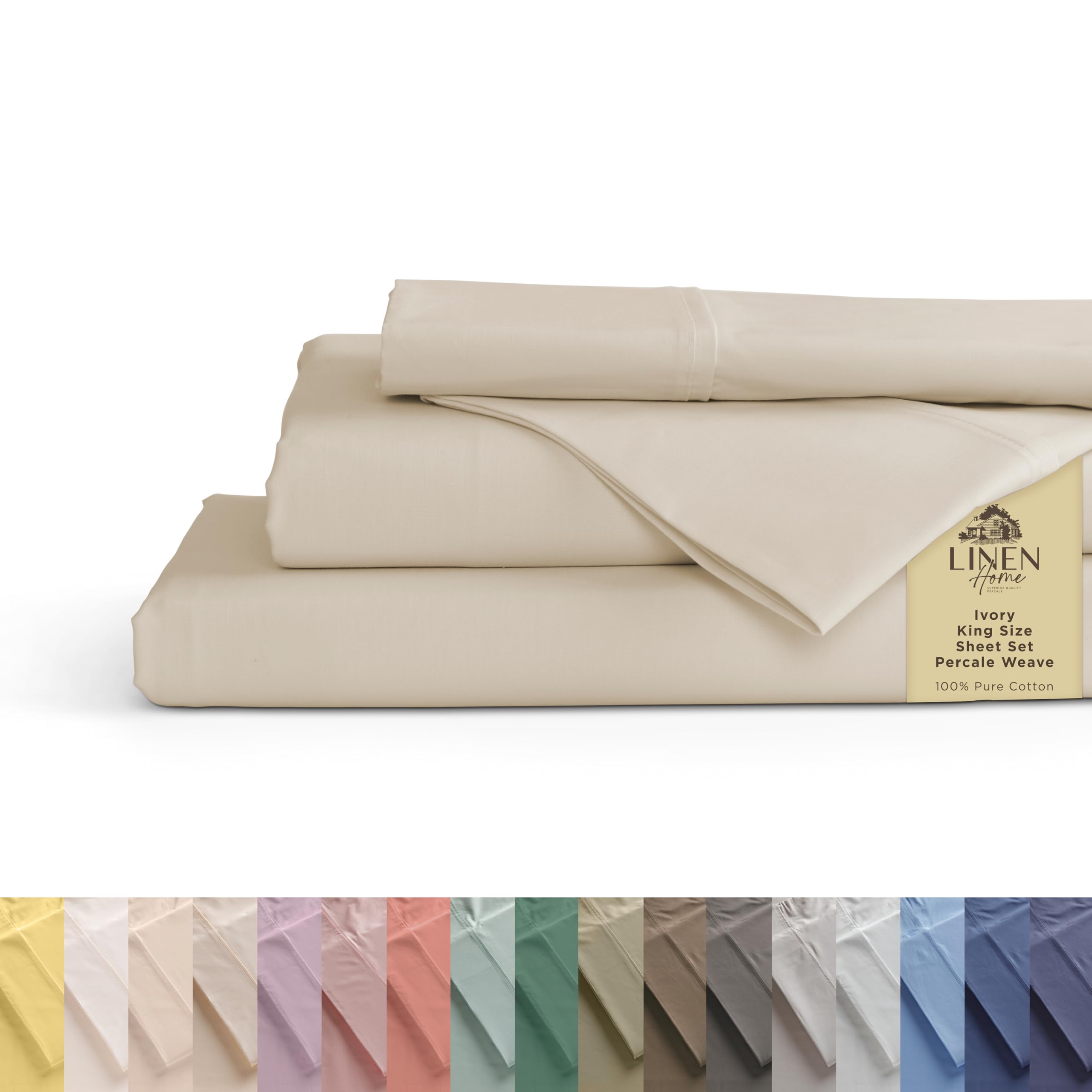 Linen Home king sheet set front packaging showing ivory color and brand benefit