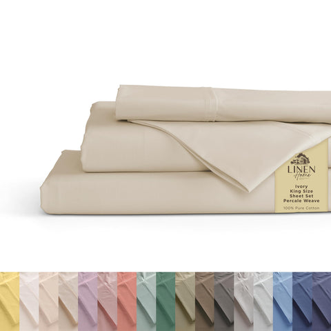 Linen Home king sheet set front packaging showing ivory color and brand benefit