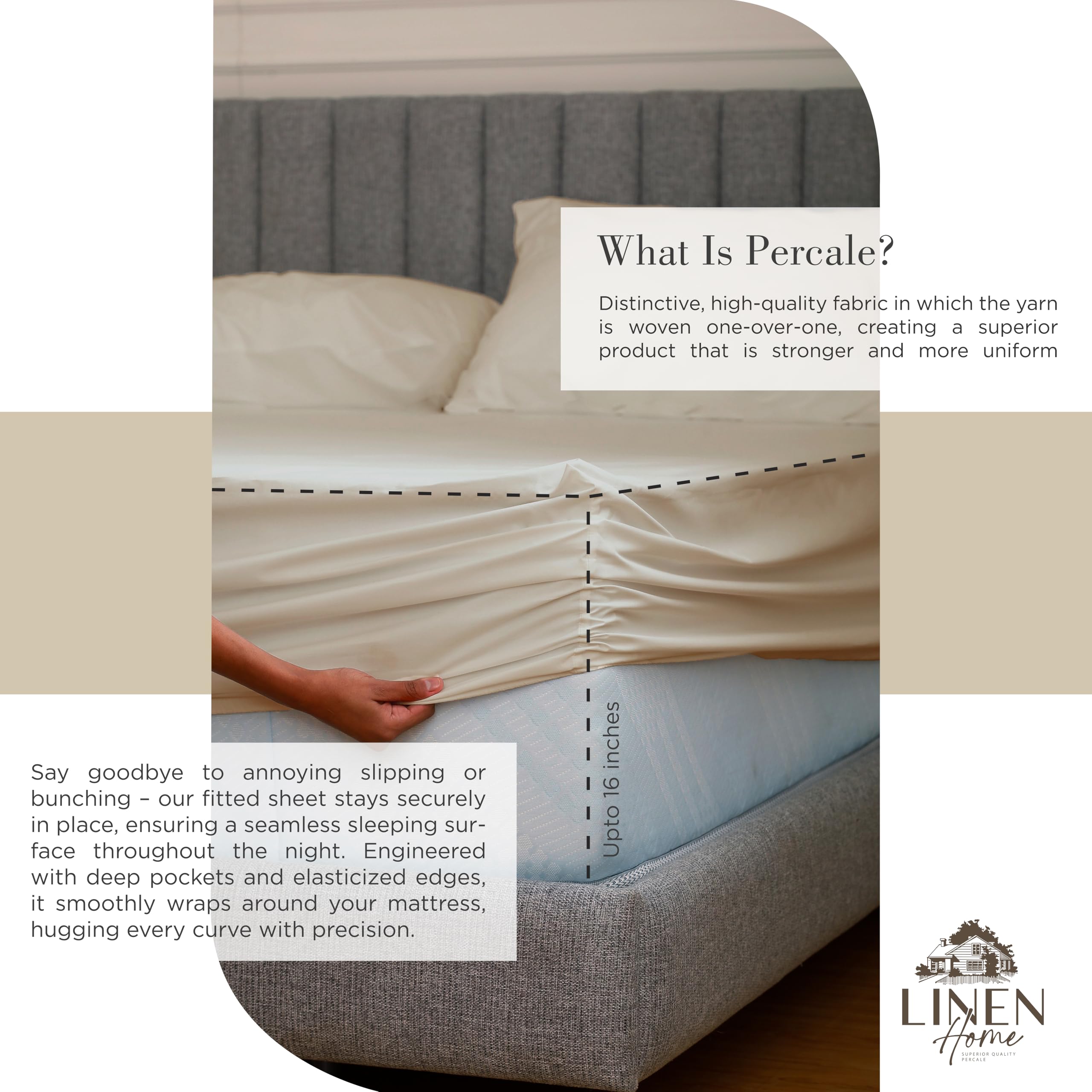 Linen Home sheets styled on made bed showing light taupe neutrality and calming look